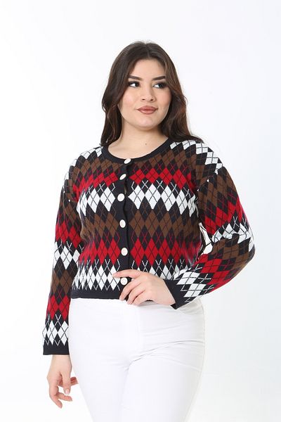 Şans Women's Large Size Navy Blue Diamond Pattern Front Button Knitwear Cardigan 65N38863