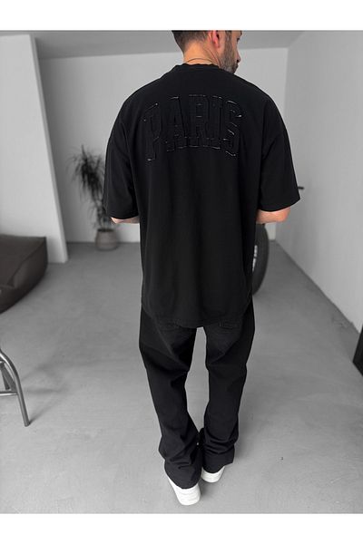 BYBASICMAN Black Paris Ripped Lettering Oversize T-Shirt Jj-16