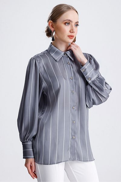MD trend Women's Striped Drawstring Detailed Balloon Sleeve Oversize Satin Shirt