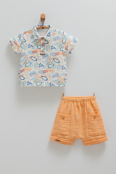 Caramell بدلة أطفال أولادي قماش موسلين قطن 100% (تي شيرت وشورت) اللون-برتقالي