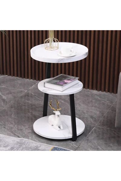 Generic Round 3-Shelf Coffee Table Made of Wood and Metal || White Marble