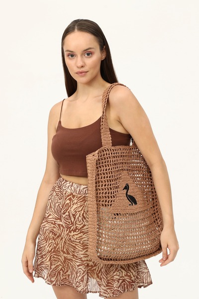 Morpelikan Women's Hand Knitted Stylish Elegant Dark Beige Colored Hand Shoulder Bag