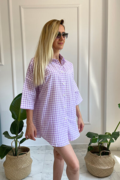 EYYE Lila bela Karirani dezen komadna košulja i šortsevi za žene Gornji i don...