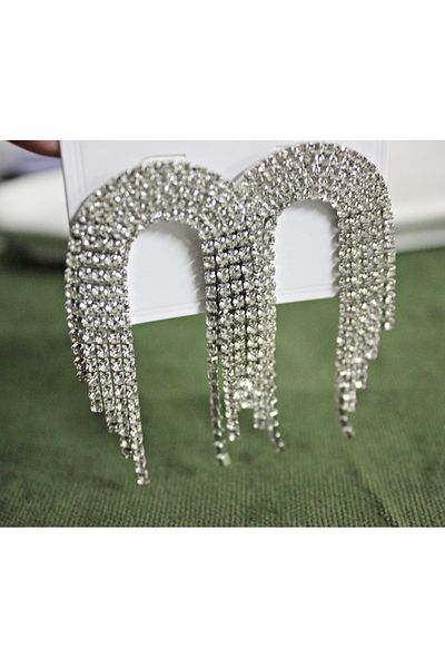 mos&more White Stone Sparkling Women's Evening Dress Earrings, Tassel Earrings, Waterway