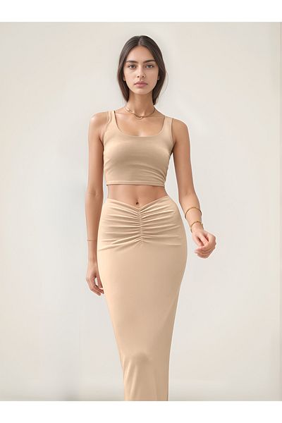 Bled Front Gather Detailed Suit – Lined Midi Skirt & Thick Strap Crop Blouse