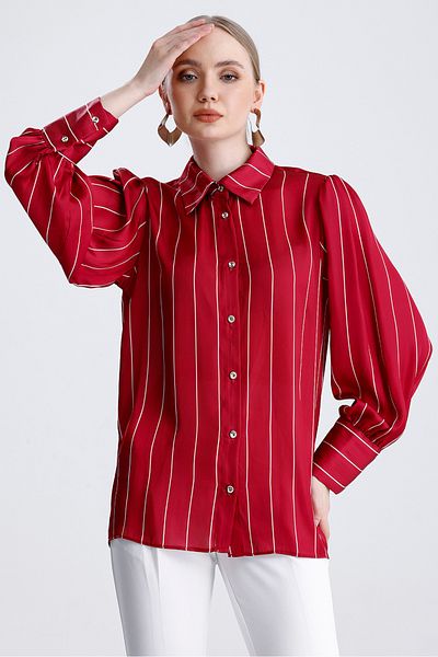 MD trend Cămașă oversize din satin pentru femei, cu mâneci cu balon, cu șnur în dungi