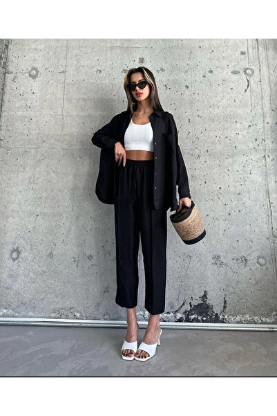 MEECY Women's Double Linen Shirt Trousers Bottom Top Set Drawstring