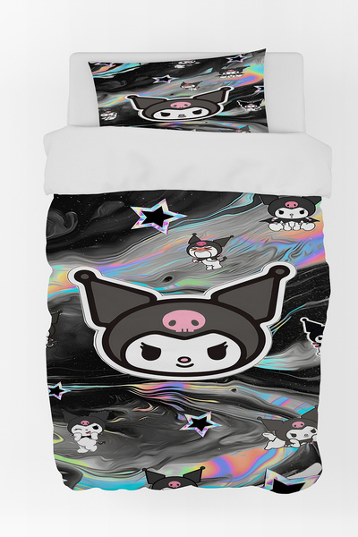 BelezaHome Black Gray Kuromi Themed Single Baby Kids Bedding Set