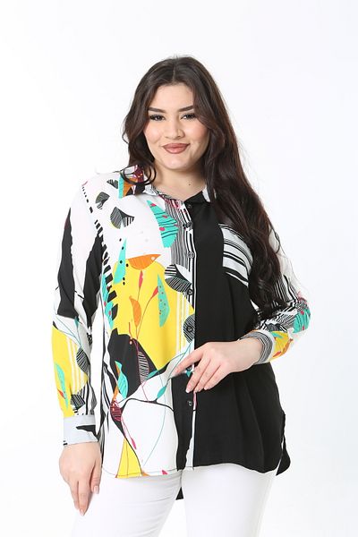 Şans Women's Large Size Black Front Patterned Blouse 65N38870