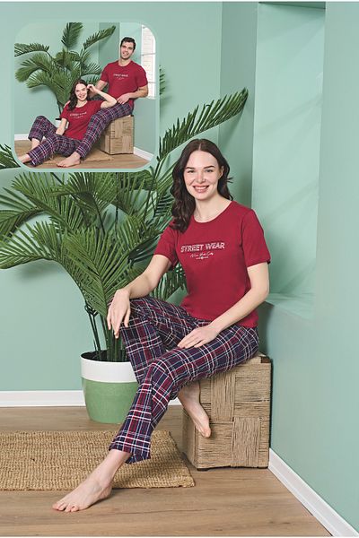 Over Sleep by Poleren Burgundy Colored Six Plaid Paired Suit Short Sleeve Women's Pajama Set