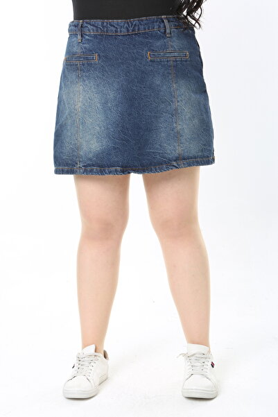 Şans Women's Large Size Navy Blue Ornamental Flota Pocket Side Zipper Denim Shorts Skirt 65N38886