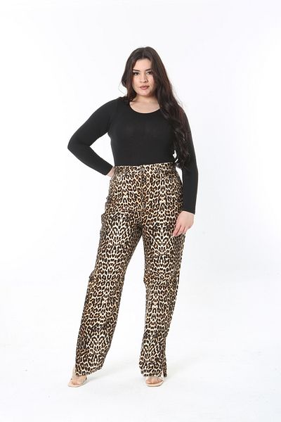 Şans Women's Large Size Leo Leopard Print High Waist Side Slit Pants 65N38885