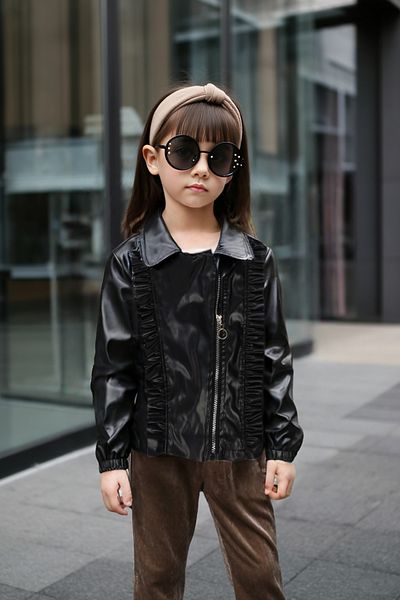 Trend Bebe Butik Girls' Leather Jacket - Stylish and Comfortable Coat with Ruffle Detailing and Zipper - Seasonal Outerwear for Ages 5-9