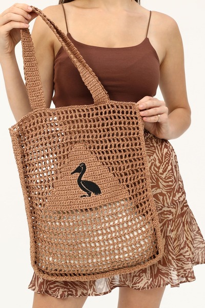 Morpelikan Women's Hand Knitted Stylish Elegant Dark Beige Colored Hand Shoulder Bag