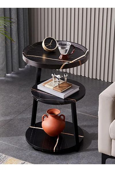 Generic Round 3-Shelf Coffee Table Made of Wood and Metal || Black Marble