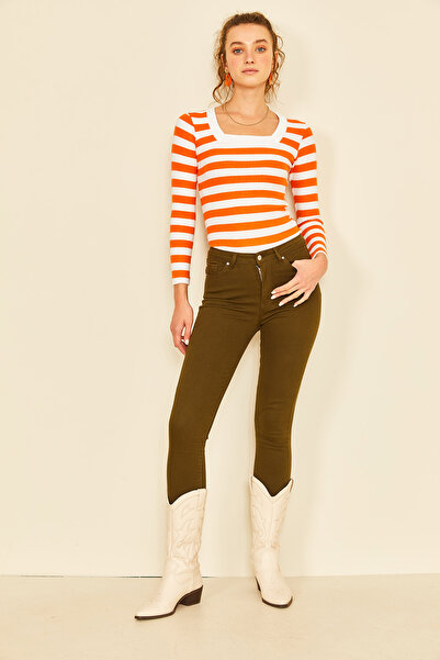 EYYE Помаранчево-білий трикотажний боді з довгими рукавами та квадратним коміром