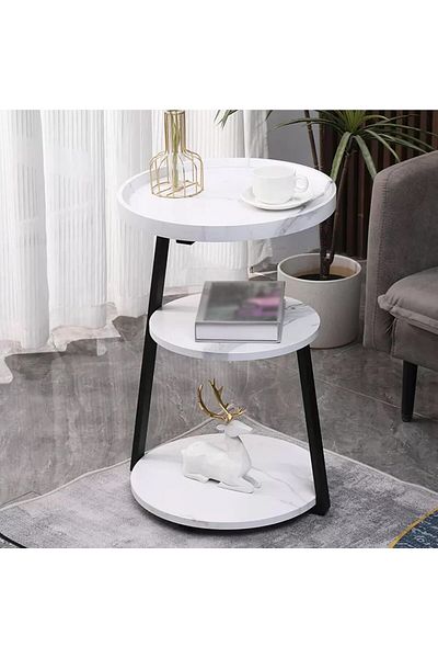 Generic Round 3-Shelf Coffee Table Made of Wood and Metal || White Marble