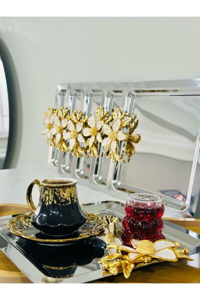 MAHUR HOME Paslanmaz Çelik Kare Model Kahve&Sunum Tepsisi Papatya/Çiçek  Aksesuarlı Lüx Sunum