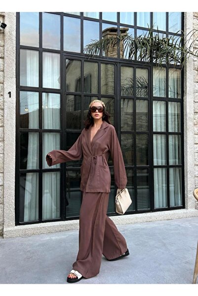 minaaise Kadın Kahve %100 Modal Kumaş Bağlamalı Oversize Ceket 29106