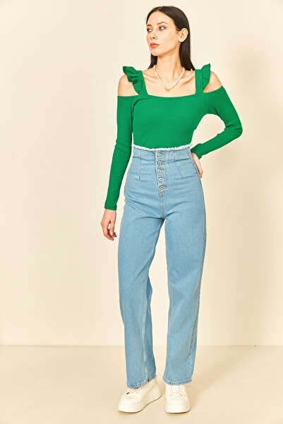 EYYE Jarko zeleni bodi sa volanastim rukavima Rebrasta pletenina