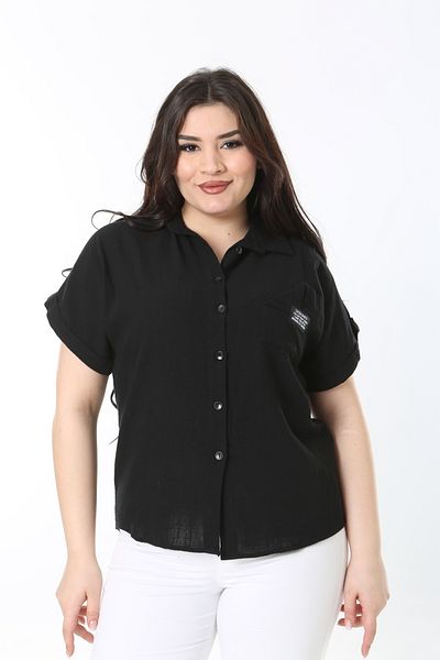 Şans Women's Large Size Black Chest Pocket Short Sleeve Blouse 65N38874