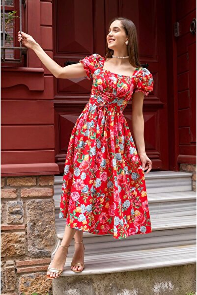 Afiş Butik Kırmızı Çiçekli Gipeli Midi Elbise