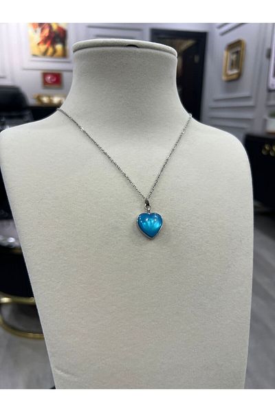 Store قلادة القلب الأزرق مع سلسلة فولاذية