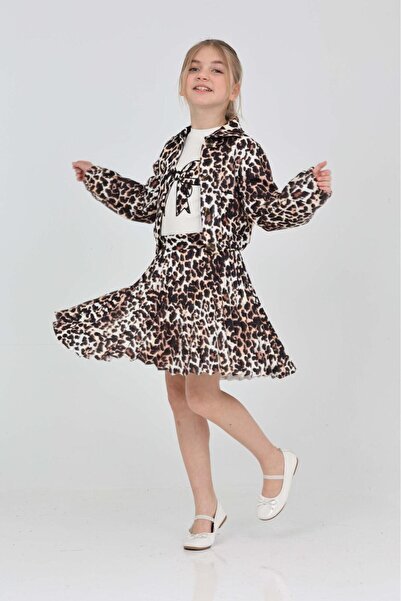 İ&K ŞIMARIK KİDS İ&K ŞIMARIK LEOPAR KUMAŞ CEKET PİLİSELİ ETEK FİTİLLİ BADİ ÜÇ...