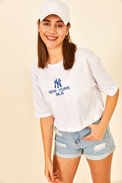 EYYE Bela Plava Vezena okrugla kragna Ženska Majica