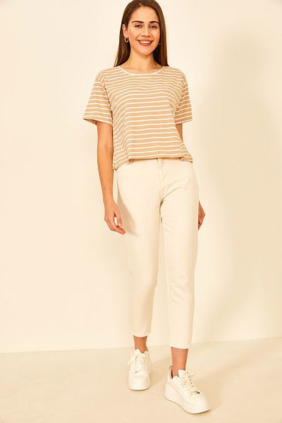 EYYE Ecru Milky Brown Striped Crew Neck Women's T-Shirt