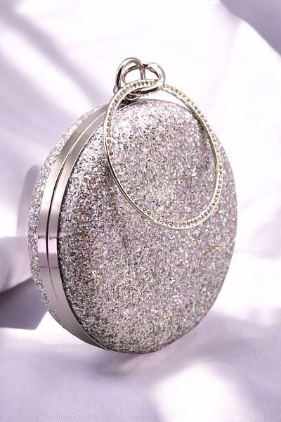 HFKY Flitrová kulatá stříbrná taška na večerní šaty. Noční taška Clutch