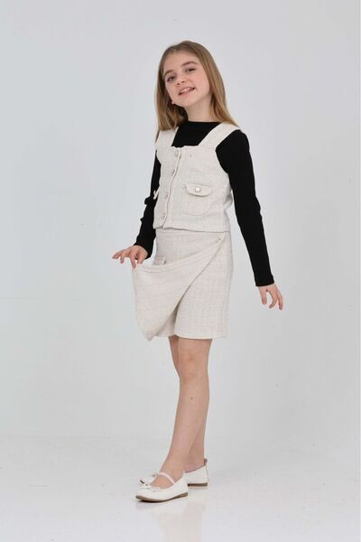 İ&K ŞIMARIK KİDS TİVİT KUMAŞ YELEK FİTİLLİ BADİ ŞORT ETEK ÜÇLÜ TAKIM