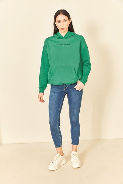 EYYE Emerald Green Printed Hooded Kangaroo Pocket Women's Sweatshirt