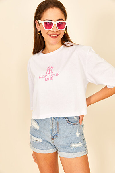 EYYE Ružičasto plava Vezena okrugla kragna ženska majica