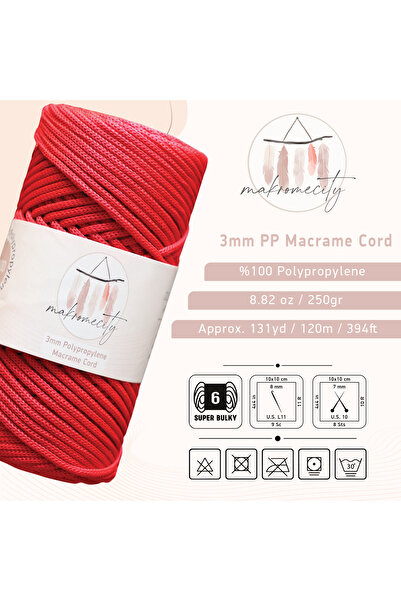 Makromecity Premium 250 gr 3mm Polyester Makrome Ipi Kırmızı 120 M Supla Ip Ve Çanta Ipliği
