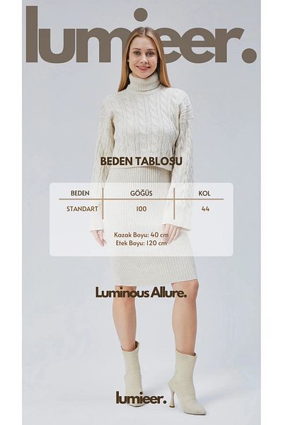 LumiDress Lumieer Women's High Collar Solid Motif Long Sleeve Crop Sweater and Midi Length Knitwear Skirt Set