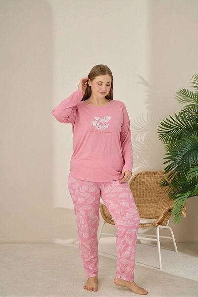 Pijamoni Dusty Rose Color Polyviscon Large Size Long Sleeve Women's Pajamas Set