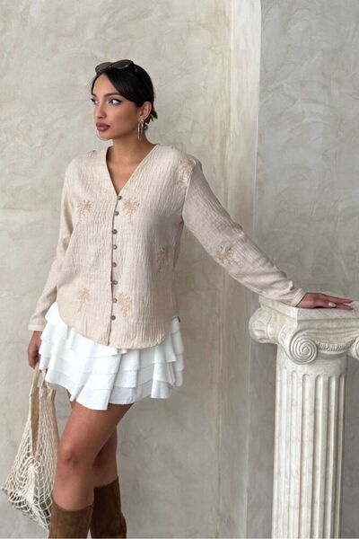 EDL NAKIŞLI KETEN GÖMLEK - TAŞ