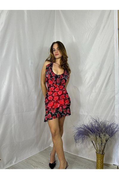 Lacis Halter Rose Print Summer Dress with Ruffled Neckline and Hem