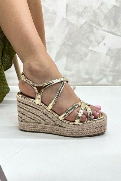 inizio Gold Straw Wedge Heel Women's Sandals Ew7002