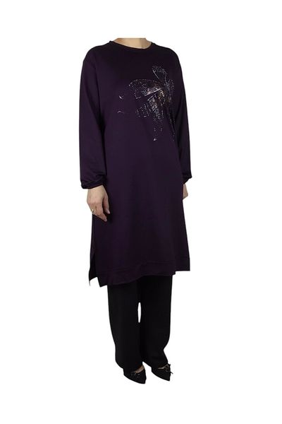 ECE GİYİM Women's Front Printed Crystal Two Thread Large Size Tunic