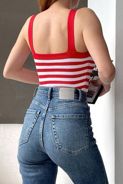 Secret Passion Lingerie Women's Flexible Striped Patterned Knitwear Fabric Strap Basic Blouse 0305