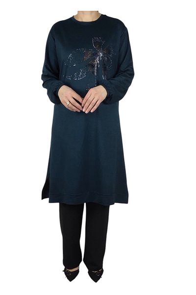 ECE GİYİM Women's Front Printed Crystal Two Thread Large Size Tunic