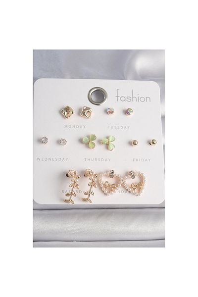 Skygo Brass Silver Color Pearled Heart Figure Ribbon Detail 7 Pairs Women's Earrings Set - Tj-Bkp10169