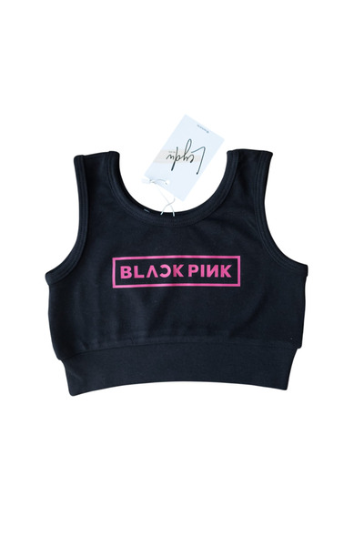 Leydukids Çocuk BlackPink Baskılı Crop Bluz Pamuk Kumaş