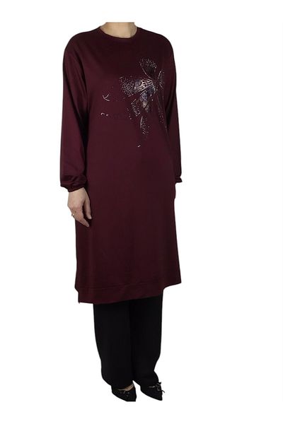 ECE GİYİM Women's Front Printed Crystal Two Thread Large Size Tunic