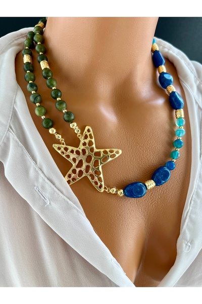 Limi Design Mavi Ve Yeşil Akik Doğaltaş Yıldız Kolye