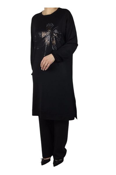 ECE GİYİM Women's Front Printed Crystal Two Thread Large Size Tunic