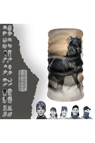 e-Taktik Extreme Siyah At Desenli Boyunluk Bandana Buff Baf