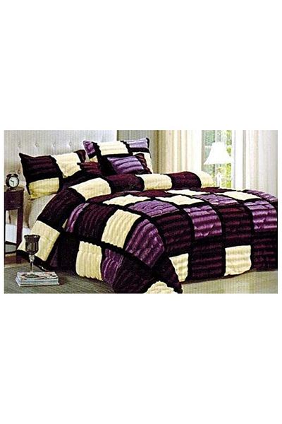 Comfy 6 PIECE KING SIZE CHECKERED PURPLE FAUX FUR COMFORTER SET